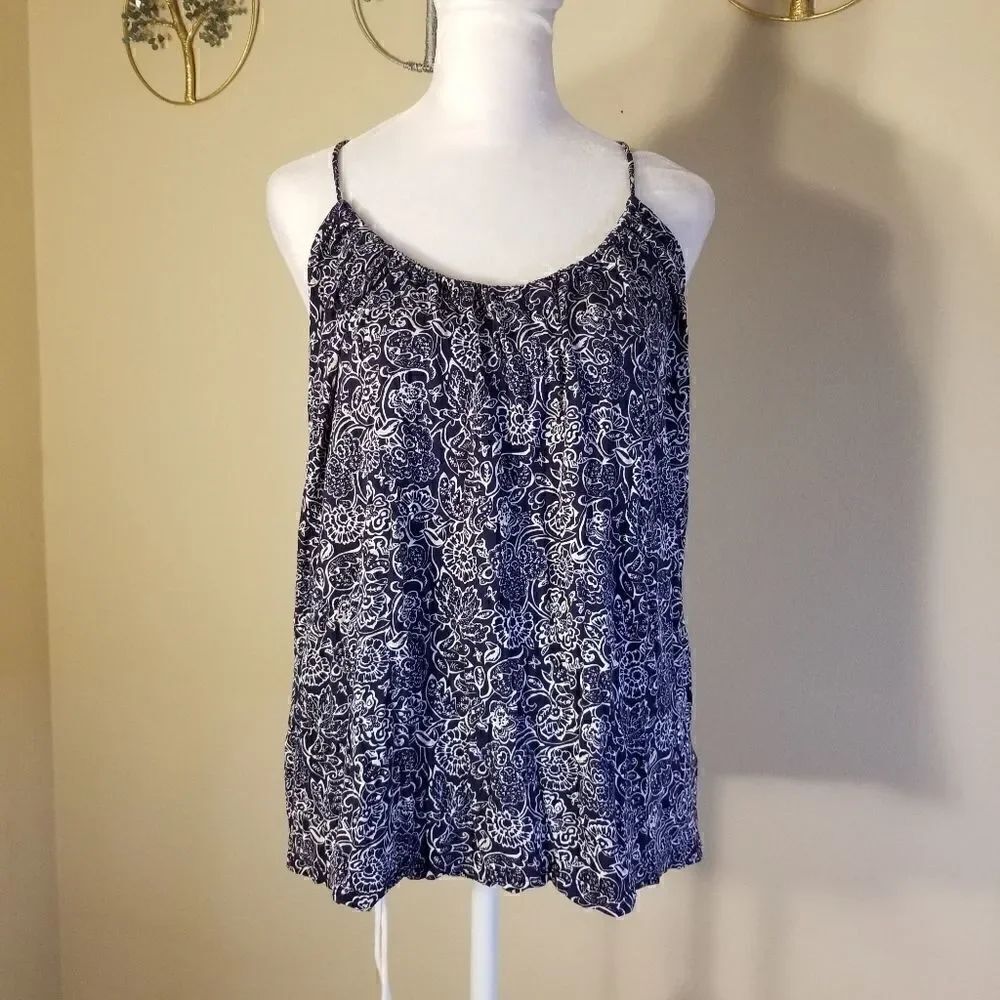 Womens Old Navy Blue White Taupe Accents Floral Tank Top Size Small